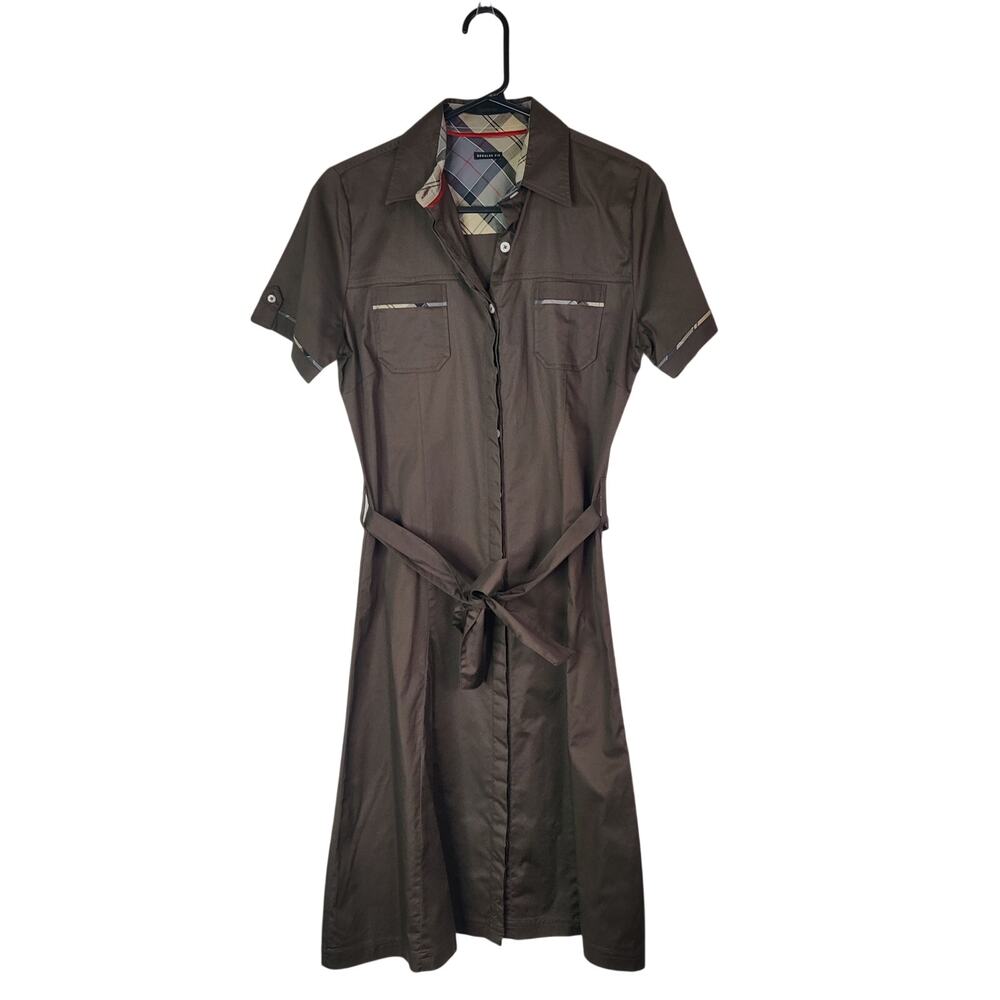Barbour Brown Cotton Sateen Safari Shirt Dress Medium Preppy Plaid Check Trim